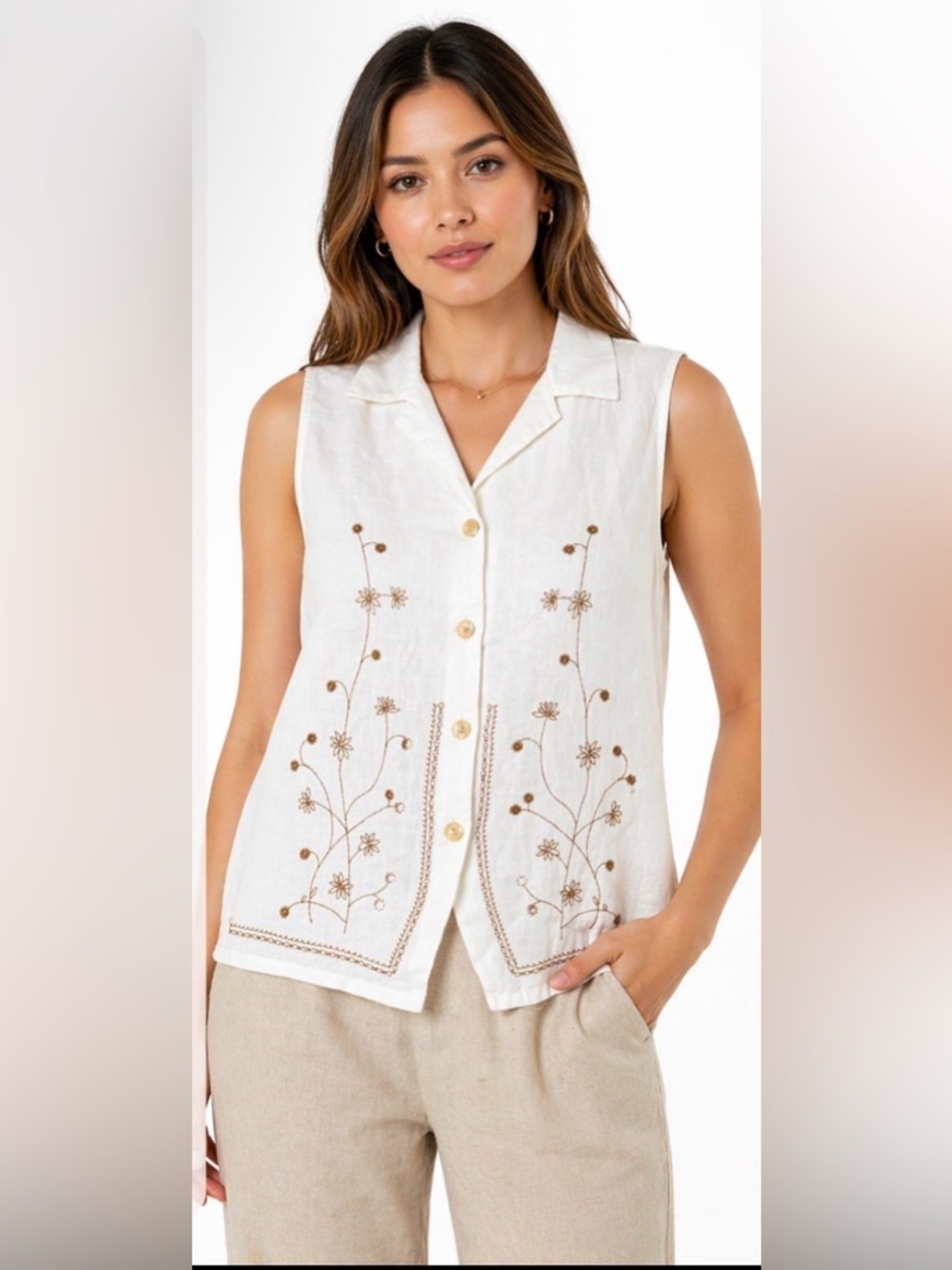 ESSENTIALS JP  Vintage Linen Vest White Embroidered Floral Boho  Top M